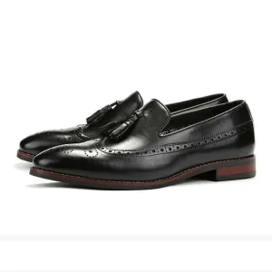 Bespoke Black Leather Tussle Wing Tip Loafer Shoes