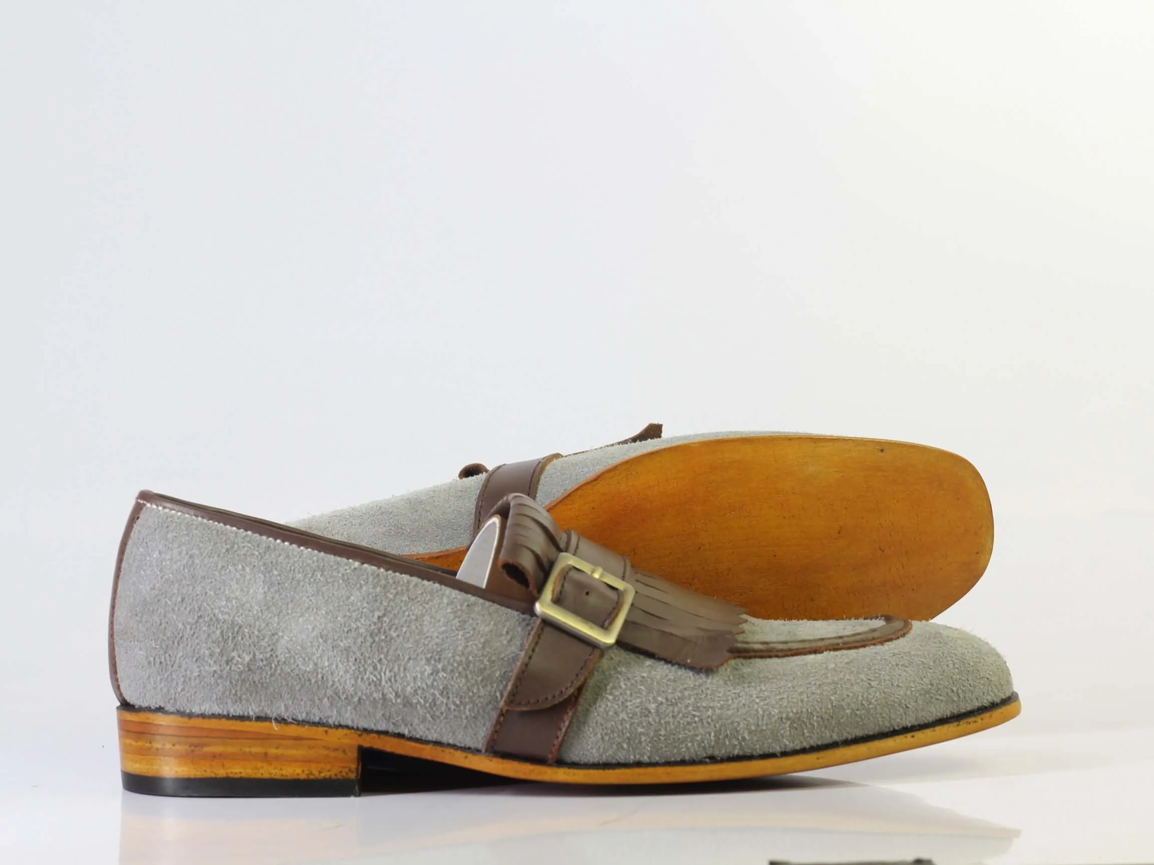 Bespoke Grey Brown Buckle Loafers for Men's