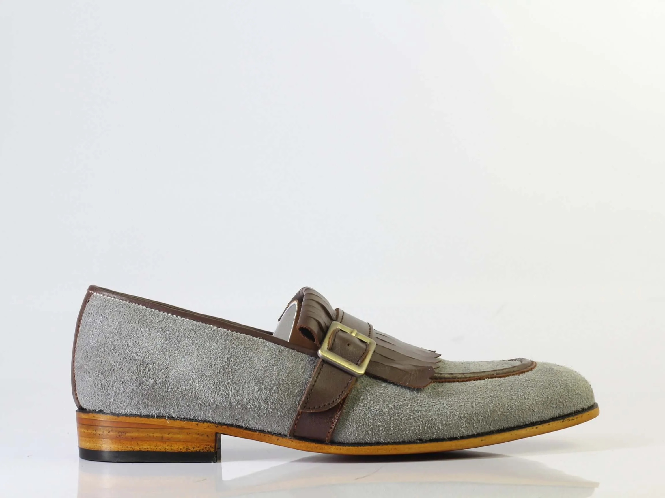 Bespoke Grey Brown Buckle Loafers for Men's