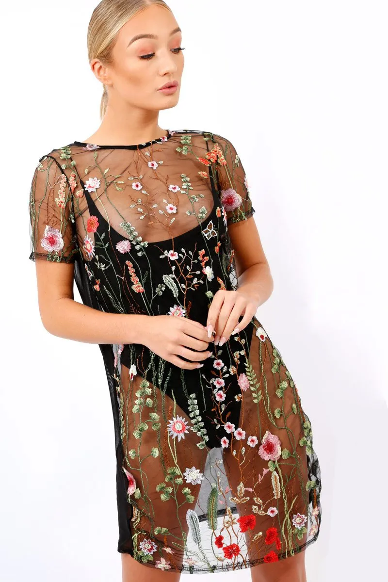 Black Floral Sheer Shift Dress - Crystal