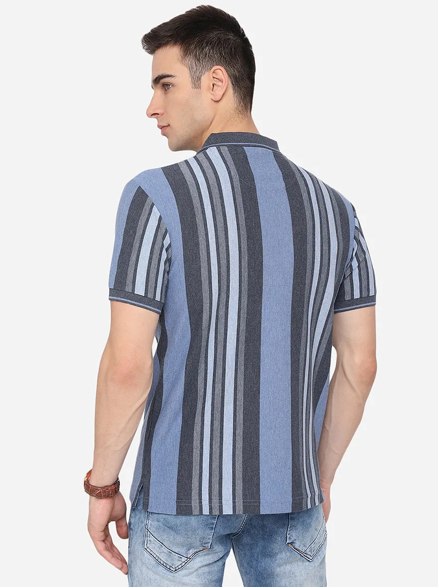 Blue & Grey Striped Slim Fit Polo T-Shirt | Greenfibre