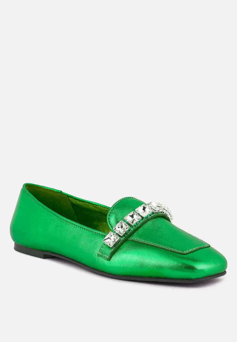 CHURROS Diamante Embellished Metallic Loafers in Green