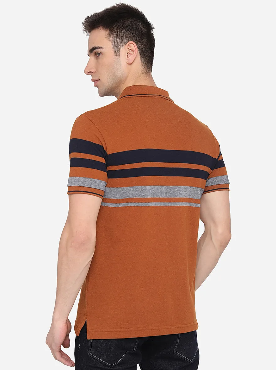 Copper Brown Striped Slim Fit Polo T-Shirt | Greenfibre