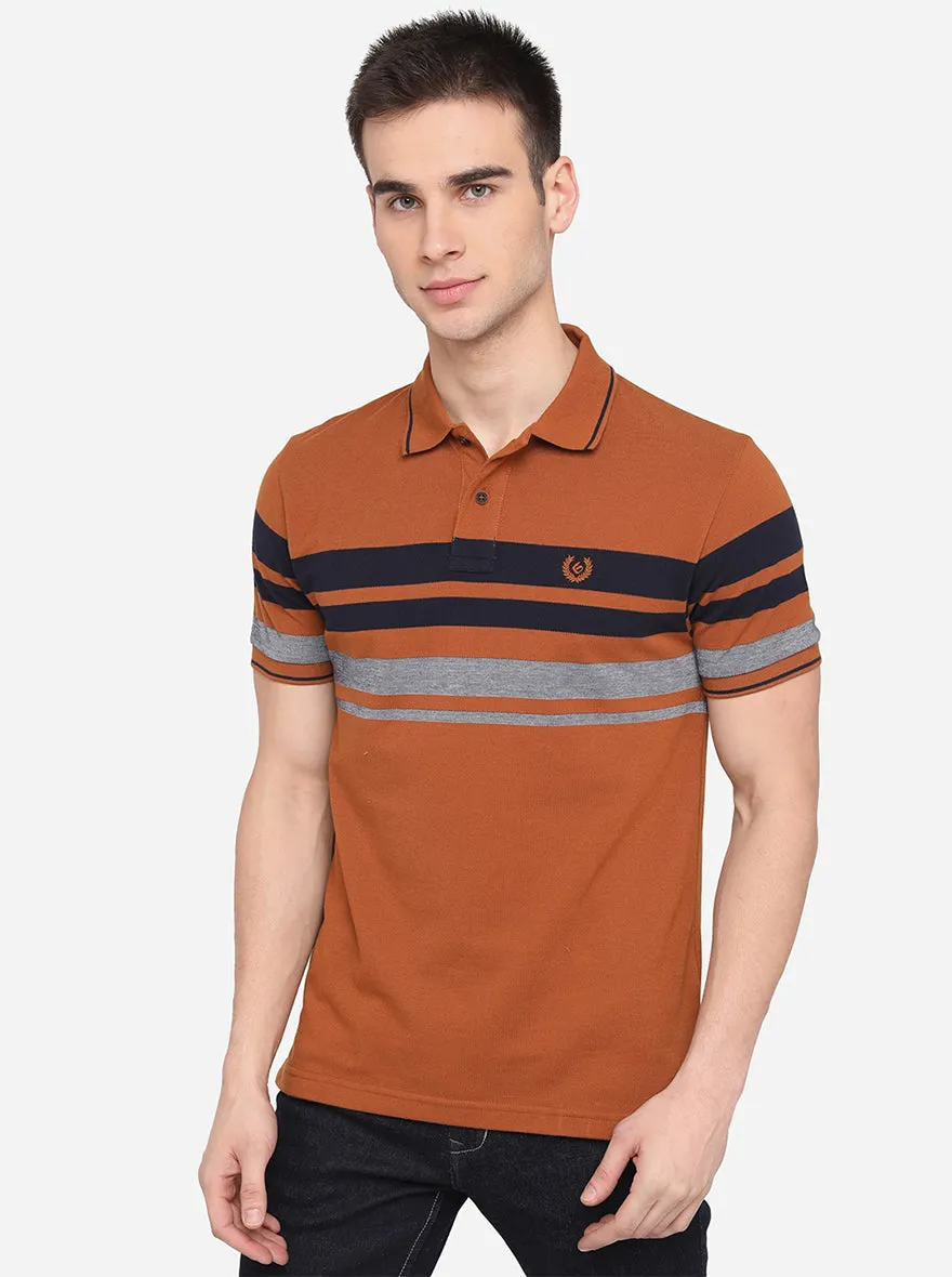 Copper Brown Striped Slim Fit Polo T-Shirt | Greenfibre