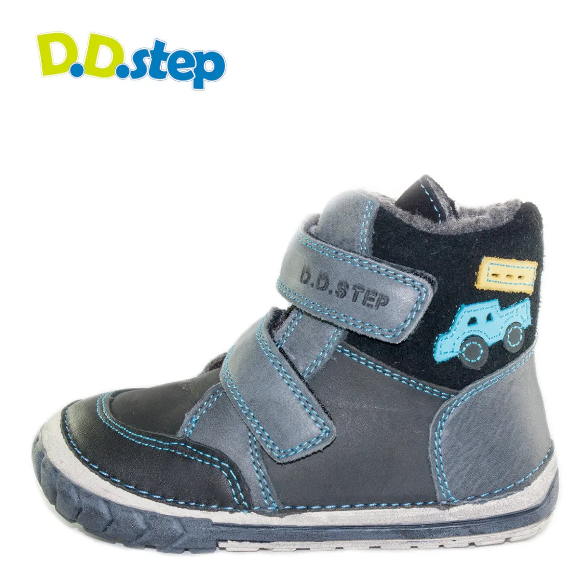 D.D. Step toddler boy shoes/winter boots with faux fur insulation grey with blue truck size US 4-8