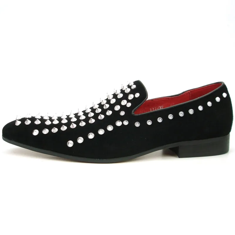 Fiesso Black Suede Silver Spiked Loafers