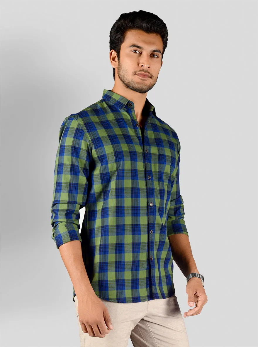 Green & Blue Checked Slim Fit Casual Shirt | JadeBlue