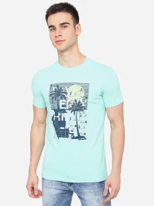 Light Blue Printed Slim Fit T-Shirt | Greenfibre