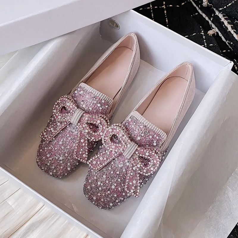 Owlkay Crystal Bow Flat Breathable Loafers