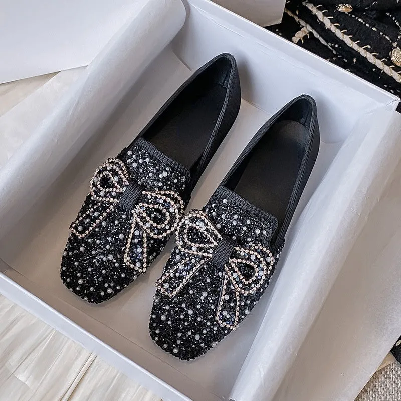 Owlkay Crystal Bow Flat Breathable Loafers