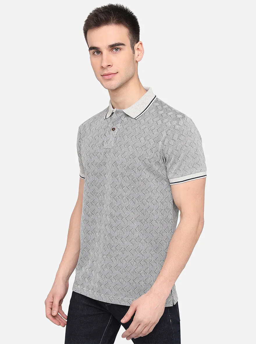 Silver Grey Printed Slim Fit Polo T-Shirt | Greenfibre