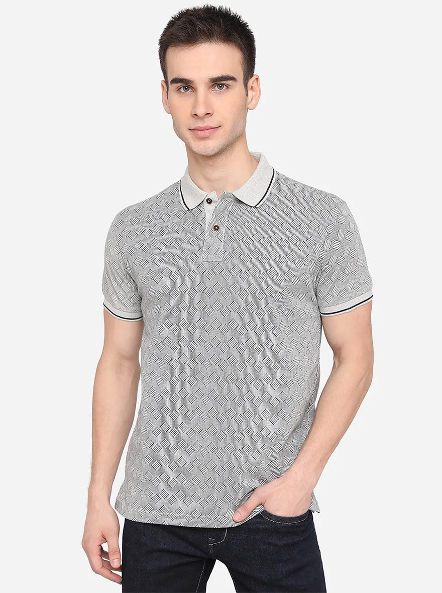 Silver Grey Printed Slim Fit Polo T-Shirt | Greenfibre