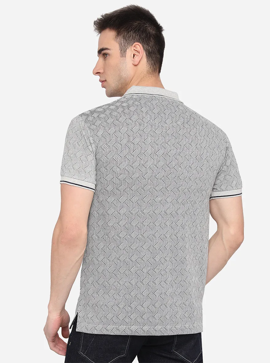 Silver Grey Printed Slim Fit Polo T-Shirt | Greenfibre