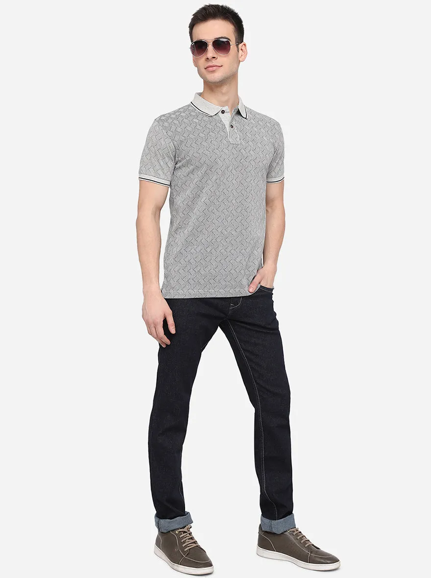 Silver Grey Printed Slim Fit Polo T-Shirt | Greenfibre