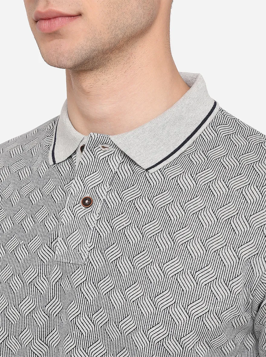 Silver Grey Printed Slim Fit Polo T-Shirt | Greenfibre