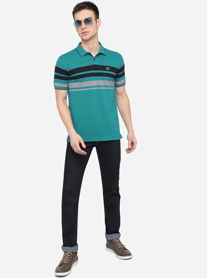 Teal Green Striped Slim Fit Polo T-Shirt | Greenfibre