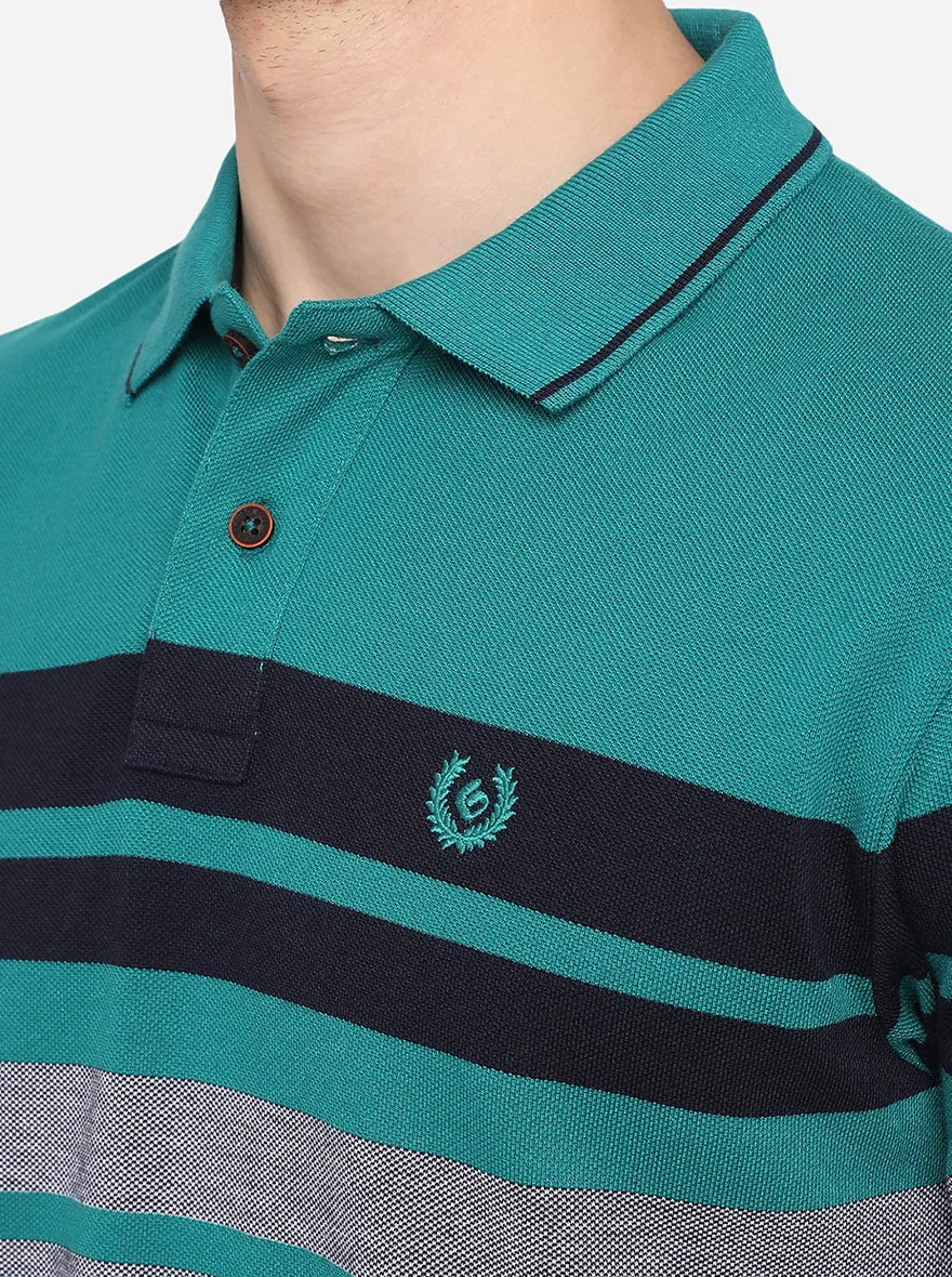 Teal Green Striped Slim Fit Polo T-Shirt | Greenfibre