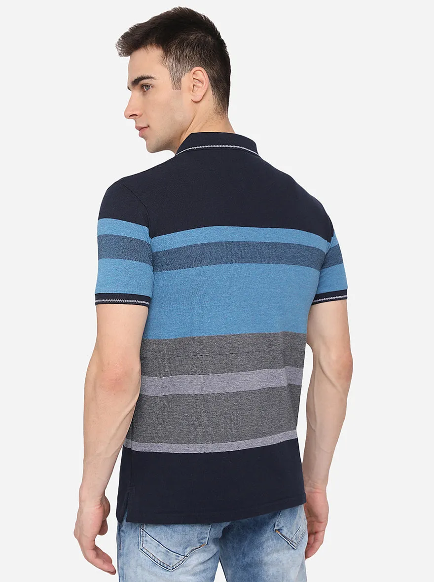 Twilight Blue Striped Slim Fit Polo T-Shirt | JadeBlue