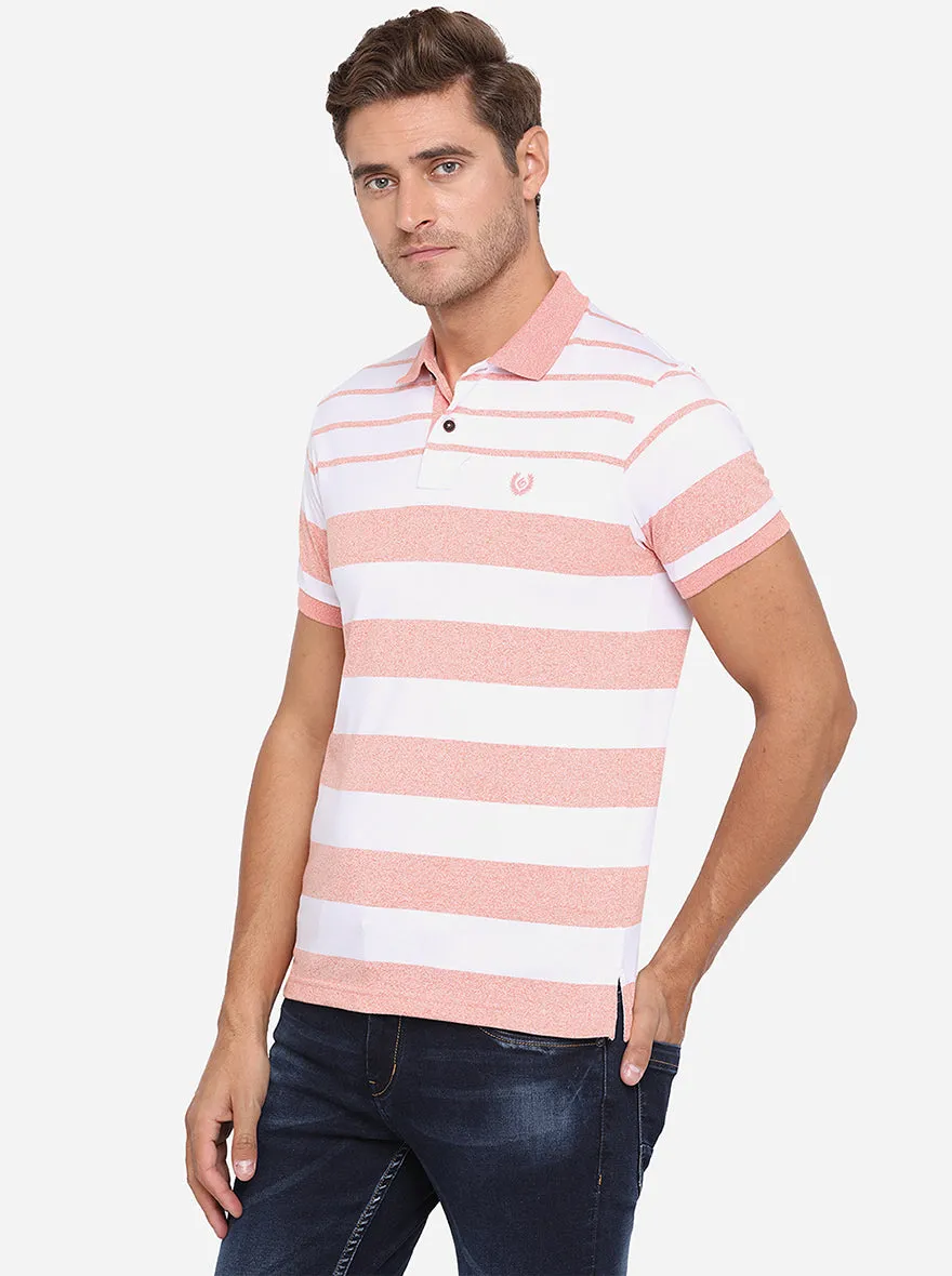 White & Peach Striped Slim Fit Polo T-Shirt | Greenfibre